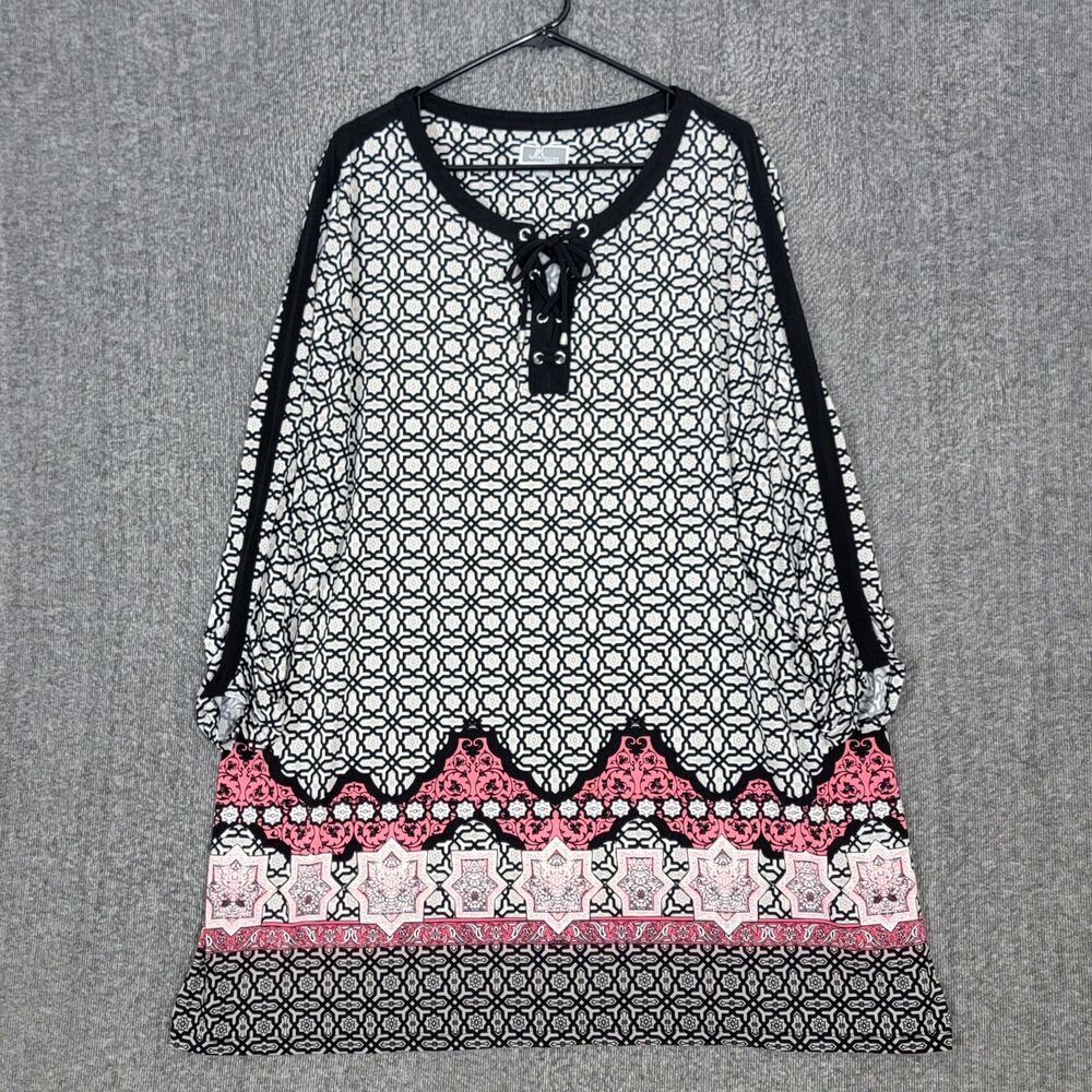 JM Collection Mini Dress Tunic Top Womens 3X Black White Geometric Ruched Sleeve